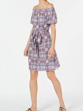 Michael Kors Off-Shoulder Pink and Navy Tile-Print Swim Coverup